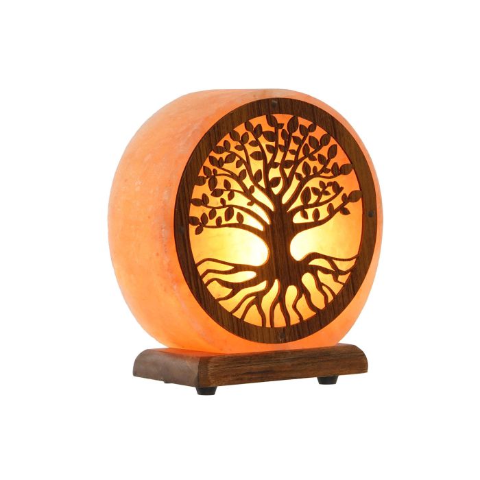 DKD Home Decor Lámpara de Sobremesa Sal del Himalaya y Acacia Árabe Árbol de la Vida Marrón Rosa 7x18x16 cm Bombilla E14 15W Incluida