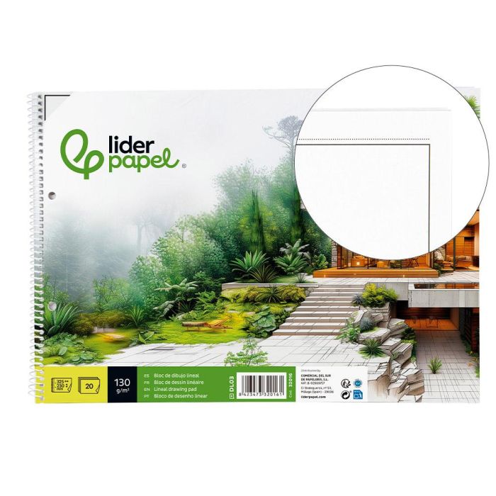 Bloc Dibujo Liderpapel Lineal Espiral 230x325 mm 20 Hojas 130 gr-M2 Con Recuadro 2 Taladros Perforado