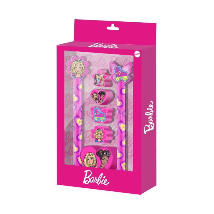 Barbie Pack Bolígrafo Gel Borrable + Lápiz Eternal sin Tinta + 4 Gomas + Sacapuntas Rosa - Papelería Escolar