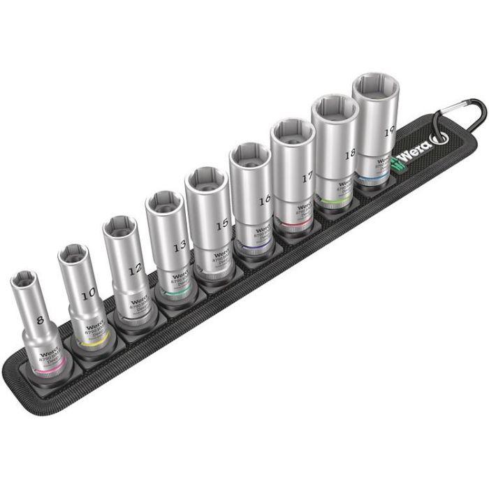 Wera 05004545001 Juego de Enchufes de Vaso Deep Belt B, 3/8", Métrica 8, 10, 12, 13, 15, 16, 17, 18, 19 mm, 9 Piezas