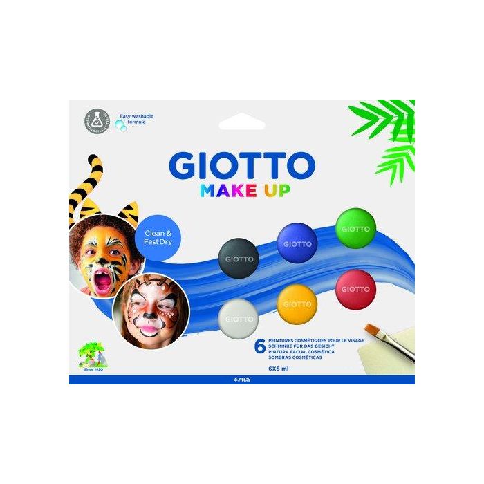 Giotto Set Pintura Facial Maquillaje 6 Botes 5 ml Colores Clásicos + Pincel + Esponja Fácil de Quitar con Agua