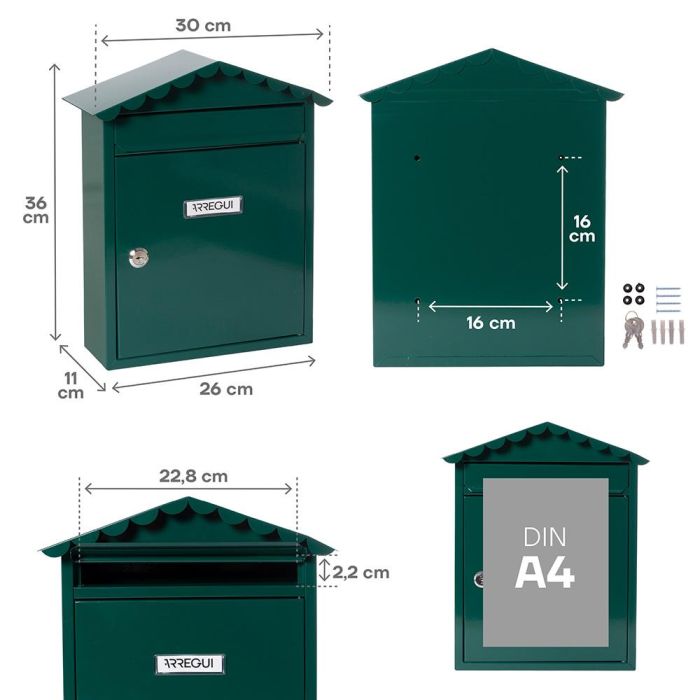 Arregui Visit Buzón Exterior Individual Mediano (A4) de Acero Galvanizado Lacado Verde 30x11x36 cm 3 Arregui Visit Buzón Exterior Individual Mediano (A4) de Acero Galvanizado Lacado Verde 30x11x36 cm 3