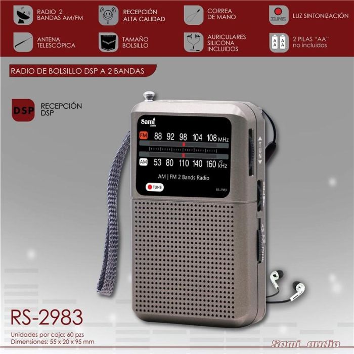 SAMI Radio de bolsillo 2 bandas (FM/AM) de color gris con cordon para llevar