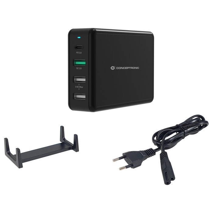Conceptronic OZUL01B Cargador USB-C 65W Carga Rápida PD 3.0 y QC 3.0 para Nintendo Switch, iPad, iPhone, Samsung Galaxy, con Protección - Negro