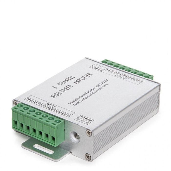 Amplificador LED RGB 5 Canales 12-24V DC Compatible con Controladores de Voltaje Constante, 180W/360W Carcasa Aluminio