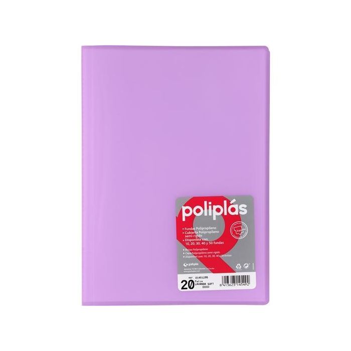 Grafoplás Carpeta con Fundas Poliplás Soldadas, Folio 20 Fundas, PP Semirrígido Translúcido, Lavanda Soft