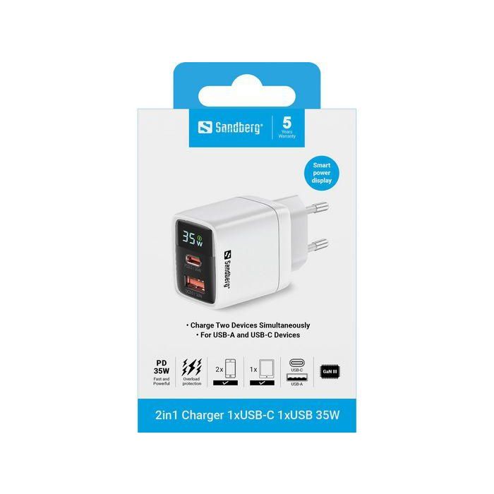 Sandberg Cargador de Pared Rápido 2 en 1 con 1x USB-C y 1x USB-A (35W), Pantalla de Potencia y Carga Dual para Smartphone/Tablet 2