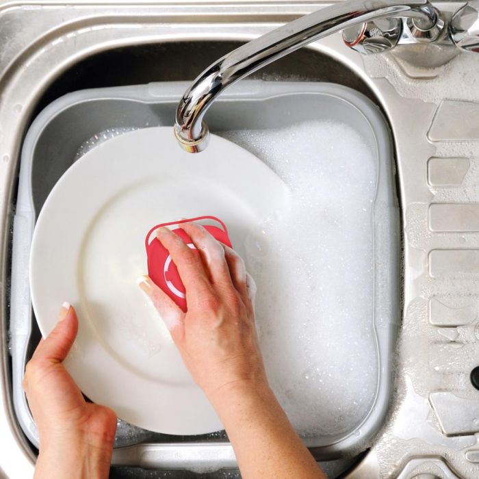 Je cherche une Idee Cepillo con Depósito de Jabón Higiénico y Resistente Colores Surtidos con Depósito Integrado Limpia sin Rayar Apto Lavavajillas 4