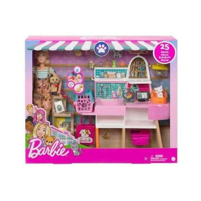 Barbie Tienda de Mascotas Playset con Muñeca, 4 Mascotas, 20+ Accesorios y Elementos Sensoriales que Cambian de Color 1