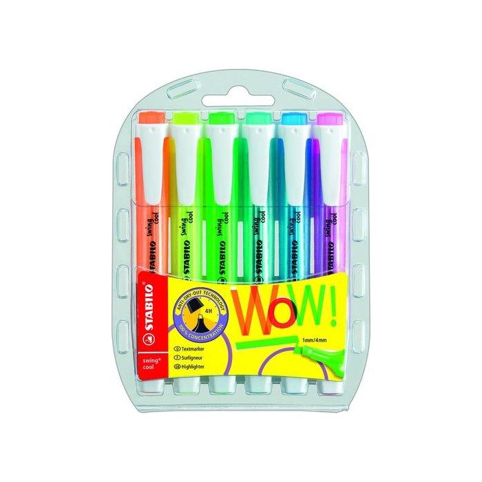 Stabilo Rotulador fluorescente swing cool, estuche 6 unidades colores surtidos, punta 1+4mm, tecnología Antisecado