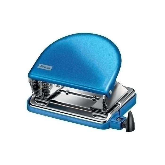 Petrus Taladrador azul metalizado, capacidad 20 hojas, metálico con punzones afilados y regleta tope – 10 años de garantía
