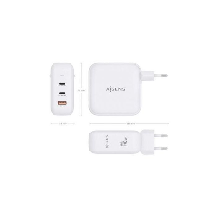 AISENS - CARGADOR GaN 140W, 2xUSB-C PD3.1 QC4.0, 1xUSB-A QC3.0, BLANCO 3 AISENS - CARGADOR GaN 140W, 2xUSB-C PD3.1 QC4.0, 1xUSB-A QC3.0, BLANCO 3