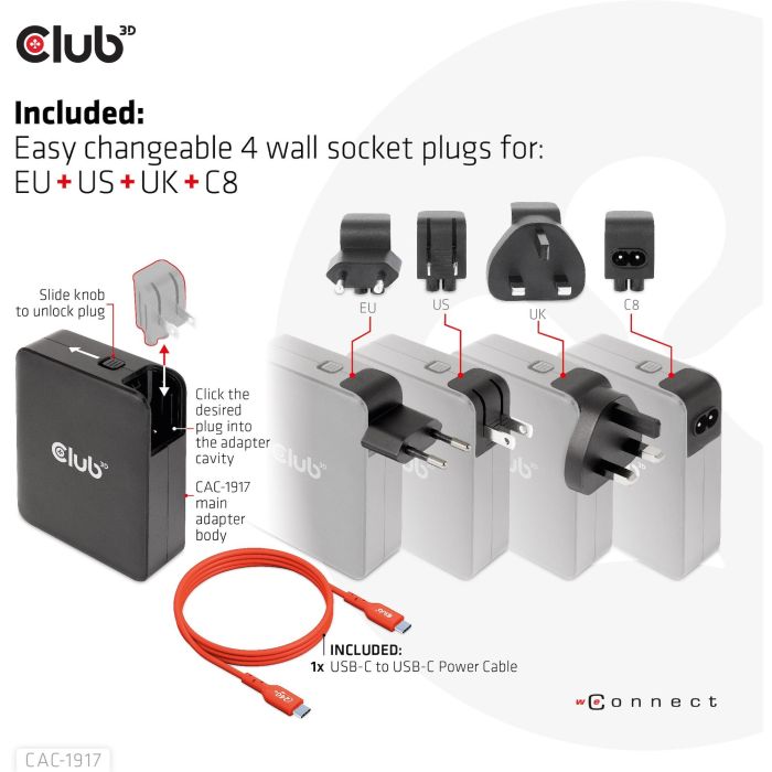 Club3D Ladegerät 3xUSB Typ C. 1xUSB Typ A. PD 140W. GaN retail 4