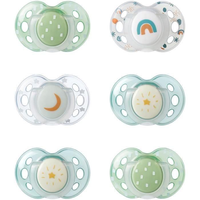 Chupete de noche - TOMMEE TIPPEE - 18-36 meses - Set de 6 chupetes fosforescentes con cápsula de esterilización reutilizable