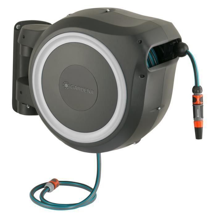 Gardena Enrollador de manguera automático de pared RollUp M/L 25 m x 13 mm con sistema antibloqueo, giro 180° y kit listo para usar, borde blanco