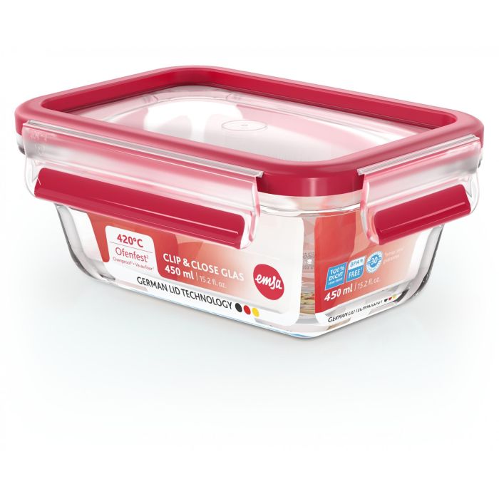 Emsa N10405 Clip & Close Glas Frischhaltedose 0.45 L Transparent/Rot 2 Emsa N10405 Clip & Close Glas Frischhaltedose 0.45 L Transparent/Rot 2