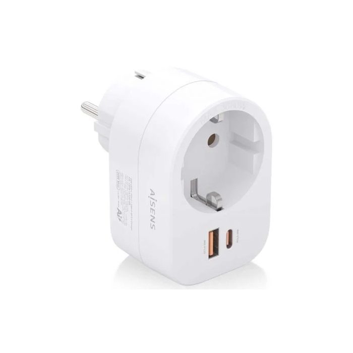 AISENS - REGLETA DE PARED MULTIFUNCION CON 1 TOMA + 1xUSB-C 20W PD3.0, 1xUSB-A 20W QC3.0, BLANCO