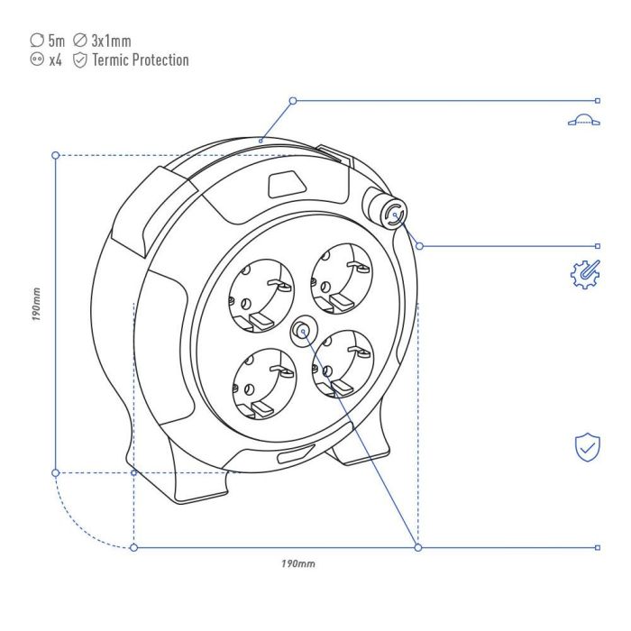 Enrollacables 05 m 3 g 1,00 mm² 4 tomas bipolares con t/tl hogar con protector termico 3