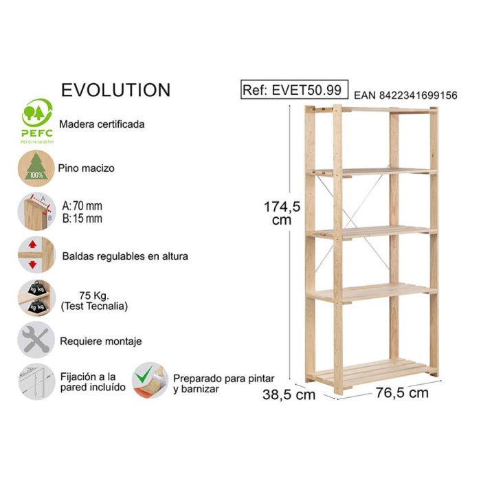 Estanteria alistonada evolution 5, 76,5x38,5x174,5cm pino macizo astigarraga 3