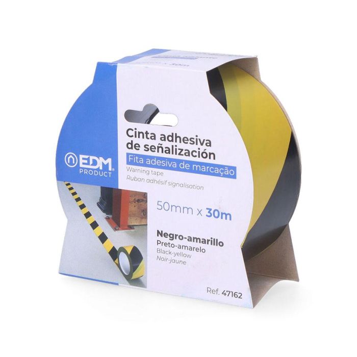 Edm Cinta adhesiva de señalización PVC amarillo-negra 30m x 50mm resistente a la intemperie para acordonamiento de obras