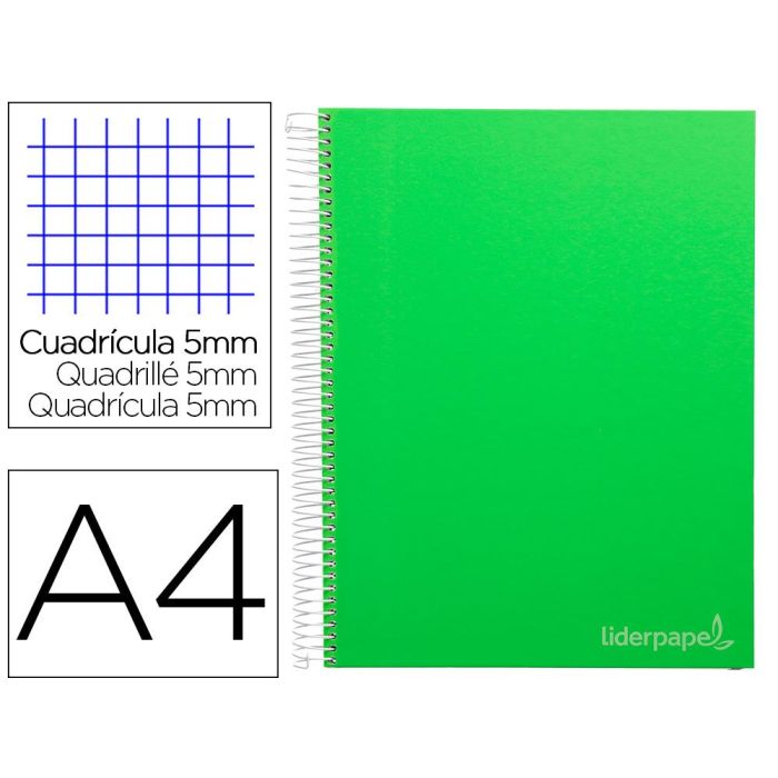 Cuaderno Espiral Liderpapel A4 Micro Jolly Tapa Forrada 140H 75 gr Cuadro 5 mm 5 Bandas 4 Taladros Color Verde