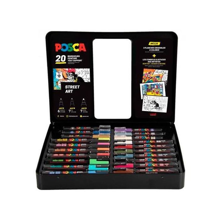 POSCA Maletín Metálico Marcador Surtido 20P - Tinta pigmentada base al agua, No tóxico, Variedad de colores