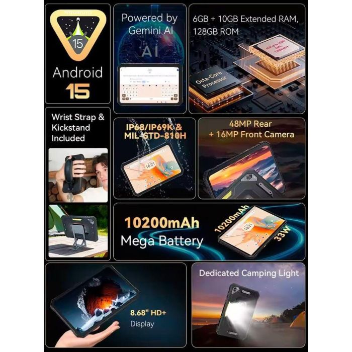 Cubot Tablet King Kong Mini, 6+128GB, Pantalla 8.68" HD+ 90Hz, Batería 10200 mAh, IP68/IP69K/MIL-STD-810H, Android 15 7