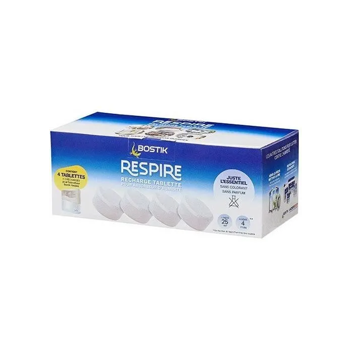 Bostik BOS1689756112331 Recambios de absorbente Respire, 4 comprimidos, Hasta 25 m², Sin perfume, 4 x 250 g