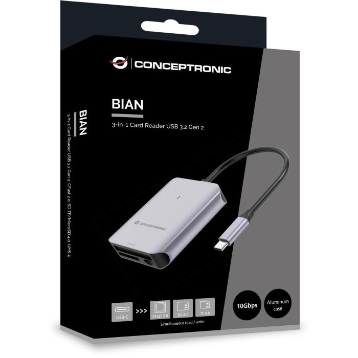 Conceptronic Lector de Tarjetas USB-C BIAN09G SD 4.0, MicroSD 4.0, CFast 2.0, USB 3.2 Gen 2, 10 Gbps 3