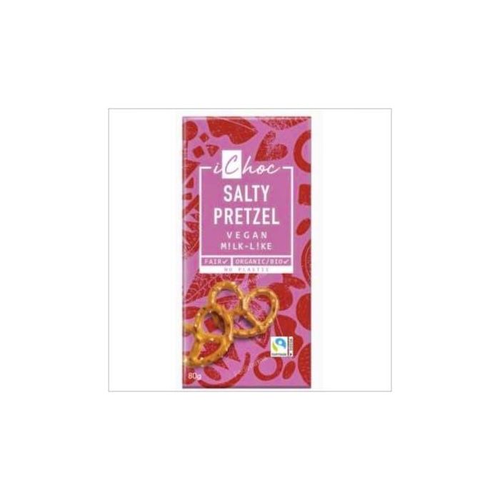 ICHOC Trozos de Pretzel Chocolate Salado Vegano Bio 80G - Snacks de Cacao y Almendra con Sal Marina y Pretzel