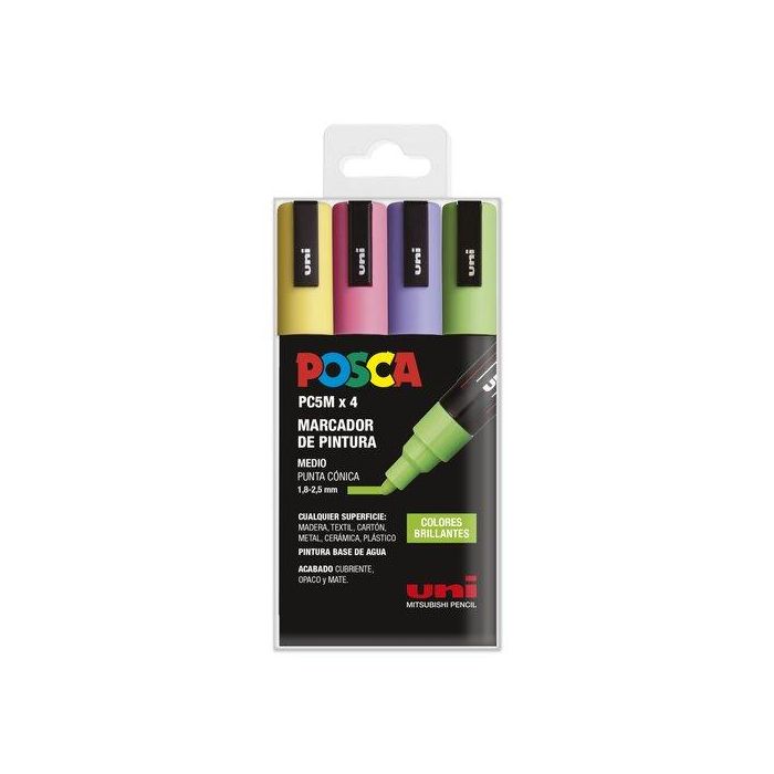 POSCA Marcador No Permanente PC-5M-4C, Base al Agua, 1.8 mm-2.5 mm, Estuche 4 Colores Brillantes