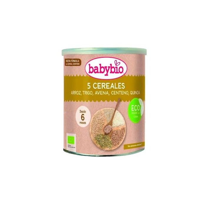 Babybio 5 Cereales con Quinoa, Centeno y Avena Bio, Sin Azúcares Añadidos, para Bebés +6 Meses, 220 g