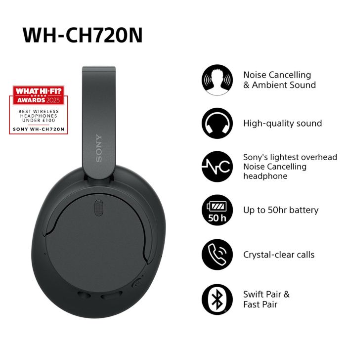 Sony WH-CH720N Auriculares Inalámbricos con Noise Cancelling, Micrófono y Bluetooth, Negros 1