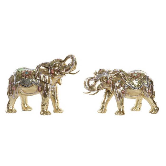 Figura Decorativa DKD Home Decor Elefante Dorado Resina Multicolor (45,5 x 20 x 35 cm) (2 Unidades)