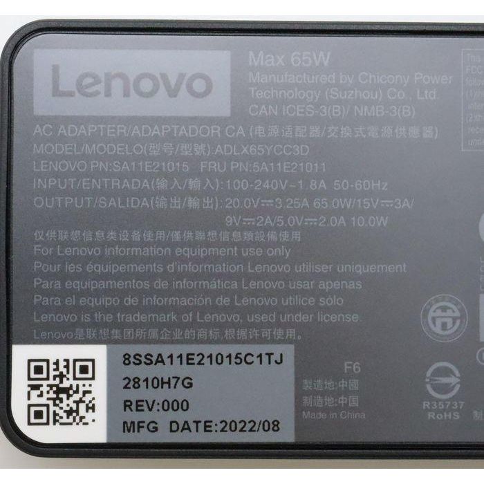 Lenovo 65W AC adapter with Power Delivery, 3 output voltages (20V, 15V, 9V, 5V), 3-pin design, worldwide compatibility. 9 Lenovo 65W AC adapter with Power Delivery, 3 output voltages (20V, 15V, 9V, 5V), 3-pin design, worldwide compatibility. 9