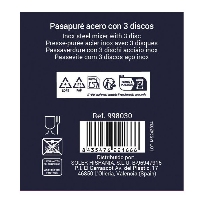 Quttin Pasapurés de Acero Inoxidable con 3 Discos, 24 cm (6 Unidades)