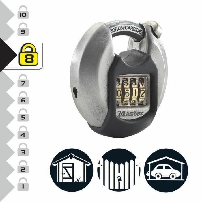Master Lock Candado de disco de alta seguridad con combinación programable de 4 dígitos, 70mm Acero inoxidable, mango protegido octogonal 10mm boro 1 Master Lock Candado de disco de alta seguridad con combinación programable de 4 dígitos, 70mm Acero inoxidable, mango protegido octogonal 10mm boro 1