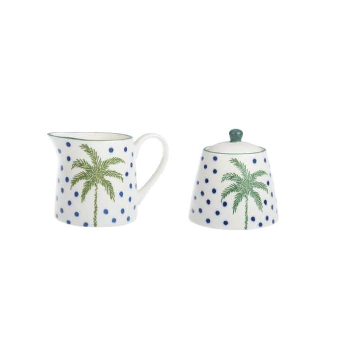 DKD Home Decor Palm 25 Azucarero Tropical Porcelana Verde Azul 7.6 x 7.8 x 11 cm Set de 2