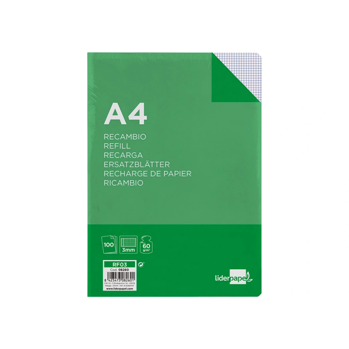 Liderpapel Recambio A4 100 Hojas 60gr Cuadro 3mm Con Margen 4 Taladros 3