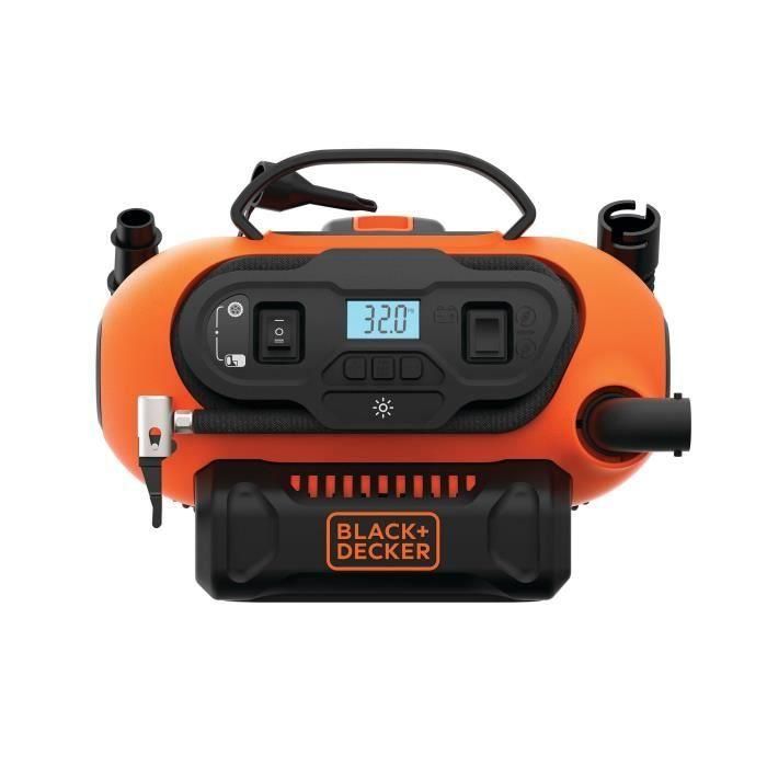 Black + Decker BDCINF18N-QS Inflador Compresor Digital Multifunción, 18V/220V/12V, 11 Bares / 160 PSI, Auto-apagado y 3 Agujas 1 Black + Decker BDCINF18N-QS Inflador Compresor Digital Multifunción, 18V/220V/12V, 11 Bares / 160 PSI, Auto-apagado y 3 Agujas 1