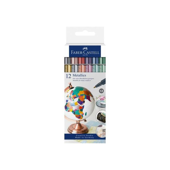 FABER-CASTELL 160713 Marker Metallics, estuche de 12 unidades, colores surtidos, tinta base agua, punta 1.5mm