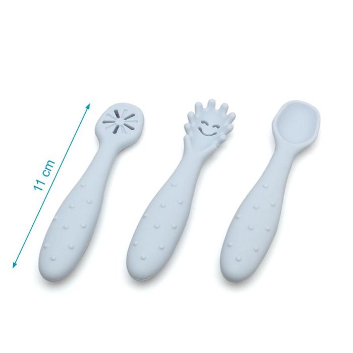 KioKids Lovely Friends Set de 3 Cubiertos de Silicona para Bebé Azul (+6 Meses) - Cuchara, Pre-cuchara, Pre-tenedor para Alimentación y Dentición