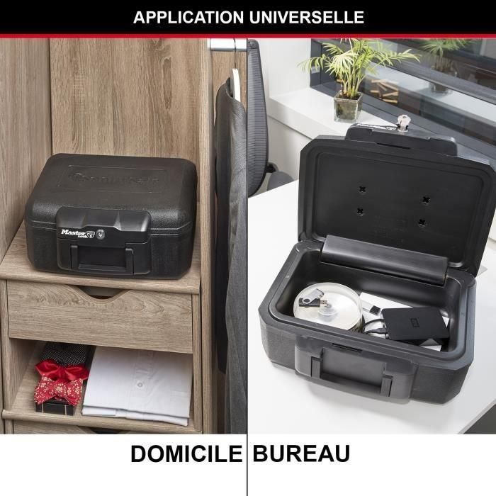 Master Lock Caja fuerte ignífuga transportable de 5L para documentos, USB y soportes multimedia, con cerradura de llave, negra. 1