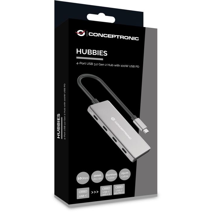 Conceptronic HUBBIES16G Hub Usb Tipo C de 4 Puertos USB 3.2 Gen 2 10 Gbps con Power Delivery 100W 4