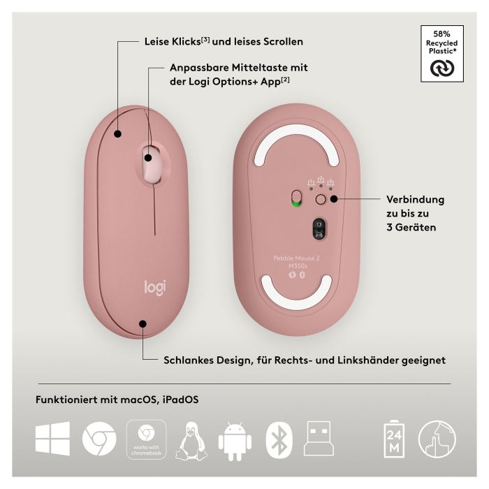 Logitech Ratón inalámbrico Pebble Mouse 2 M350s Rosa 910-007014 10 Logitech Ratón inalámbrico Pebble Mouse 2 M350s Rosa 910-007014 10