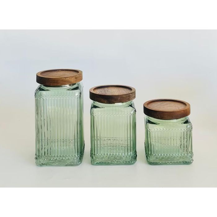 DKD Home Decor Bote Set 3 Piezas 10 x 11 x 10 cm Cristal Acacia Verde Natural