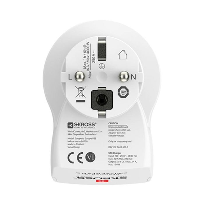 Skross Adaptador Viaje Europa con 2 Puertos USB 5V (1500282) Máx. 2.4A Compartidos 2 Skross Adaptador Viaje Europa con 2 Puertos USB 5V (1500282) Máx. 2.4A Compartidos 2