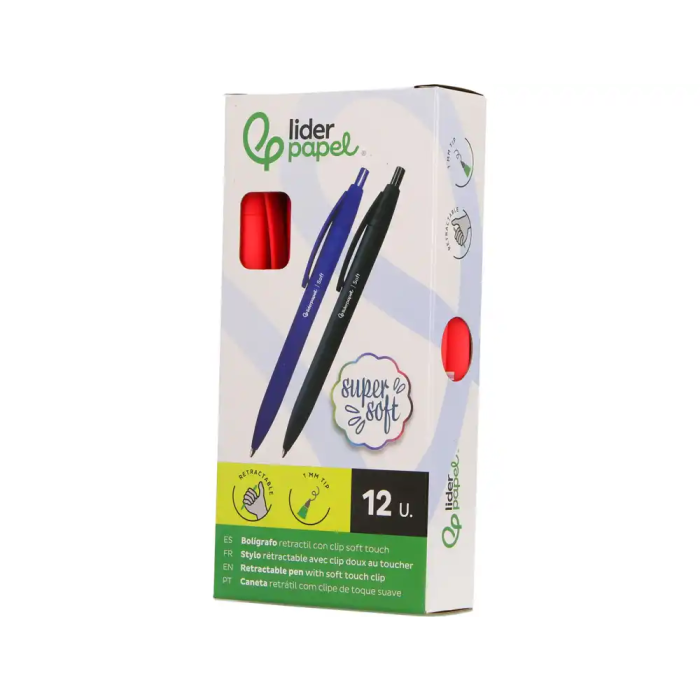 Liderpapel Bolígrafo Retráctil Soft Touch - Punta 1 mm, Tinta Roja, Cuerpo Rojo con Clip