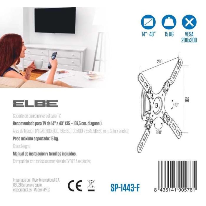 Elbe SP-1443-F Soporte Pared Fijo para TV 14'-43' hasta 15Kg, Compatible VESA 50x50-200x200, Negro 2 Elbe SP-1443-F Soporte Pared Fijo para TV 14'-43' hasta 15Kg, Compatible VESA 50x50-200x200, Negro 2