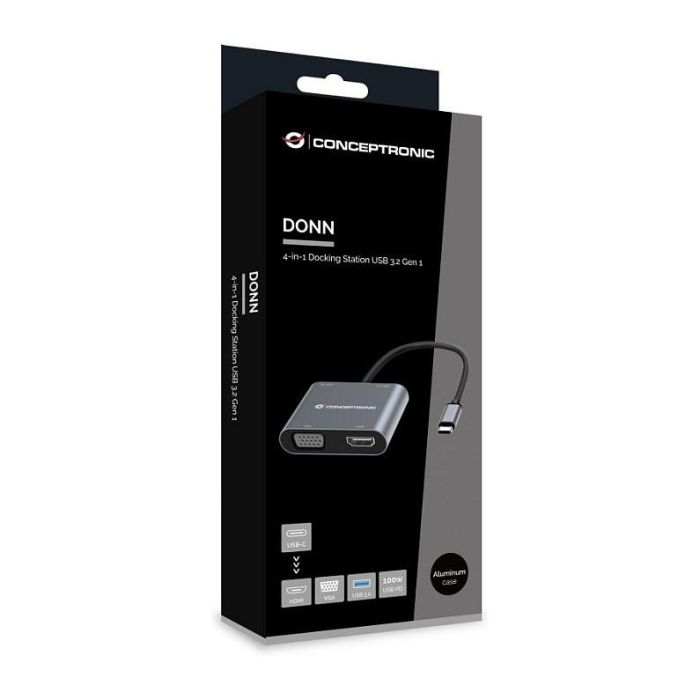 Conceptronic Donn16 Hub USB-C Multipuerto, 4 en 1 con HDMI 4K, VGA, USB-C PD 100W y USB 3.0 - Adaptador Docking para Laptop